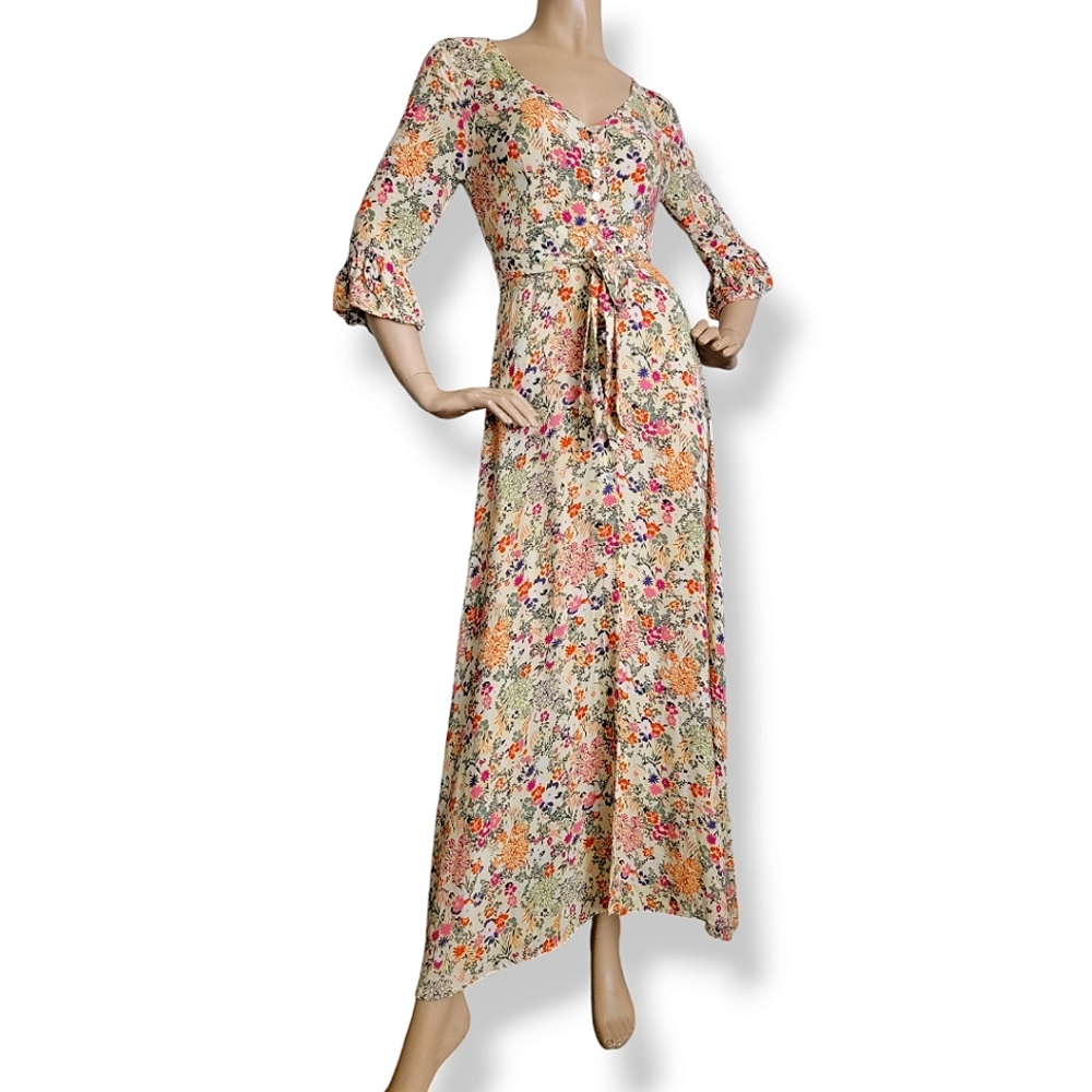 Cotton Candy Yellow Floral Buttoned Front Maxi Dress With Ties